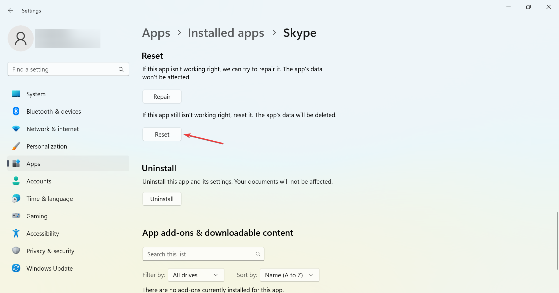 reset to fix Skype Installs Every Time I Open it