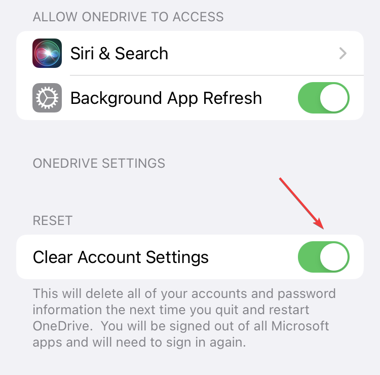 clear account settings to fix OneDrive files not syncing on iPad