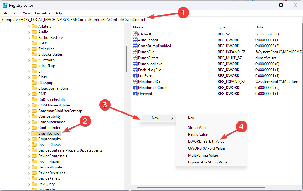 New key Crash Control event ID 161 volmgr on Windows 11