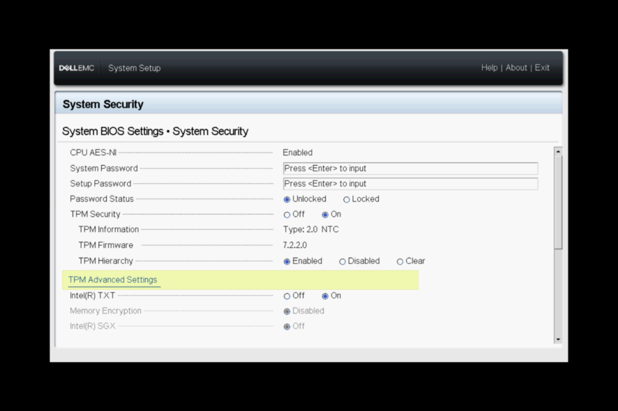 System BIOS -tpm 2.0 device detected but a connection cannot be established.