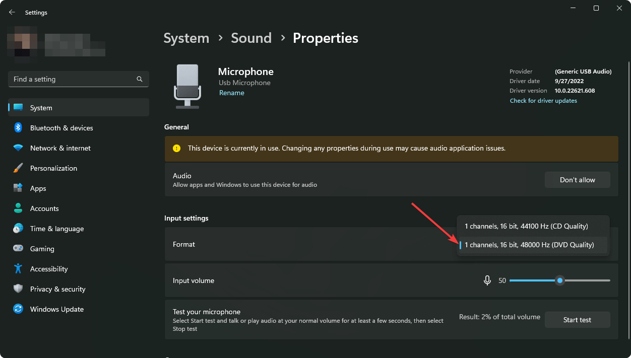 adjusting microphone audio format windows 11 settings