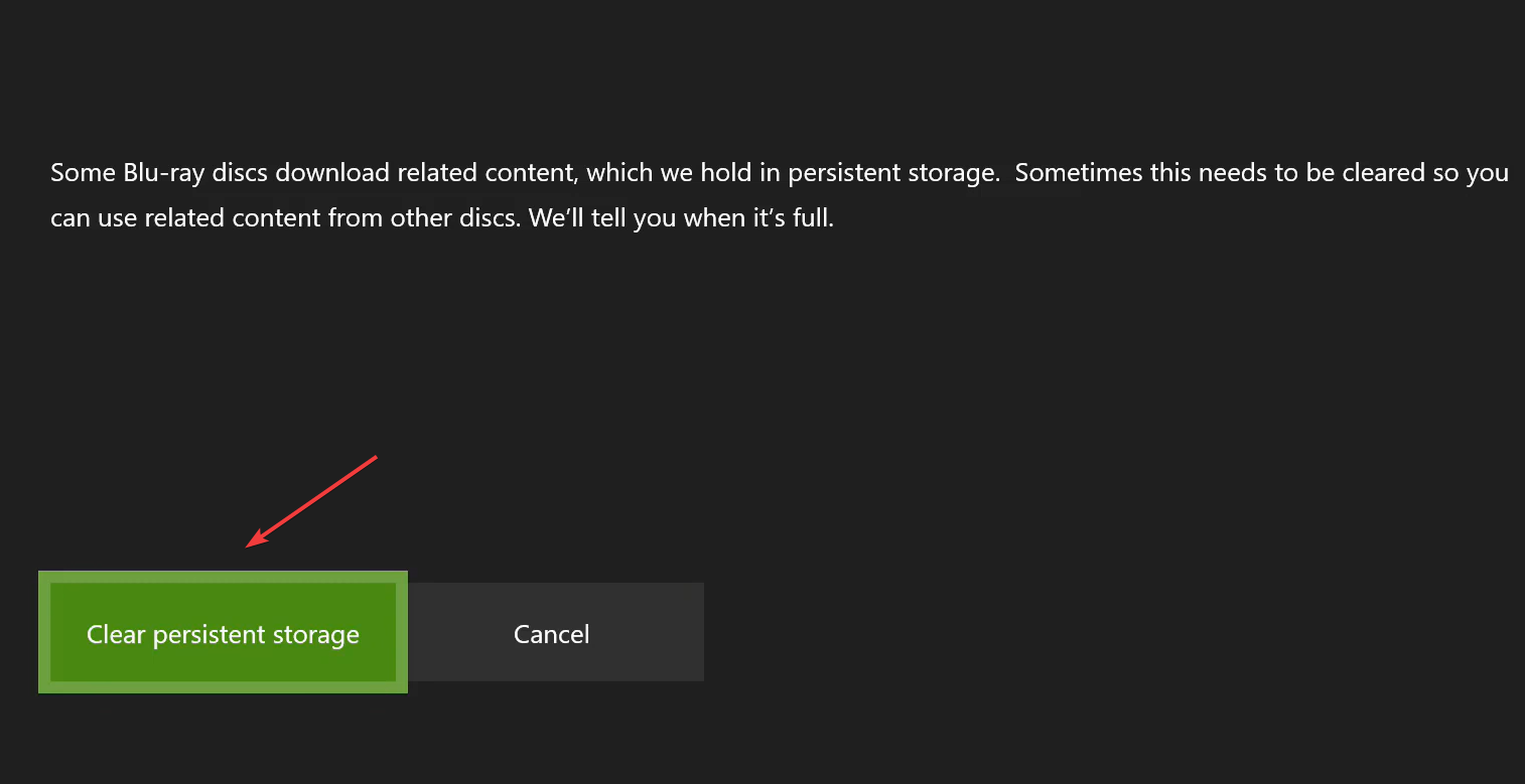 clear persistent storage to fix Xbox One not reading disc