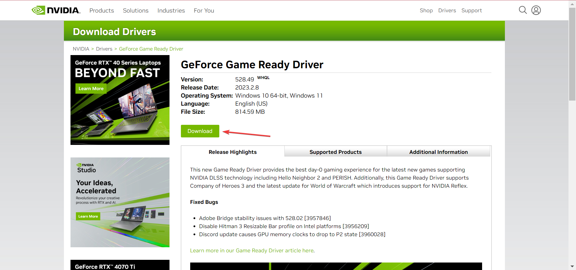 download to fix nvidia driver not compatible with this version of windows