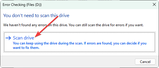 clicking on Scan drive for a disk windows 11
