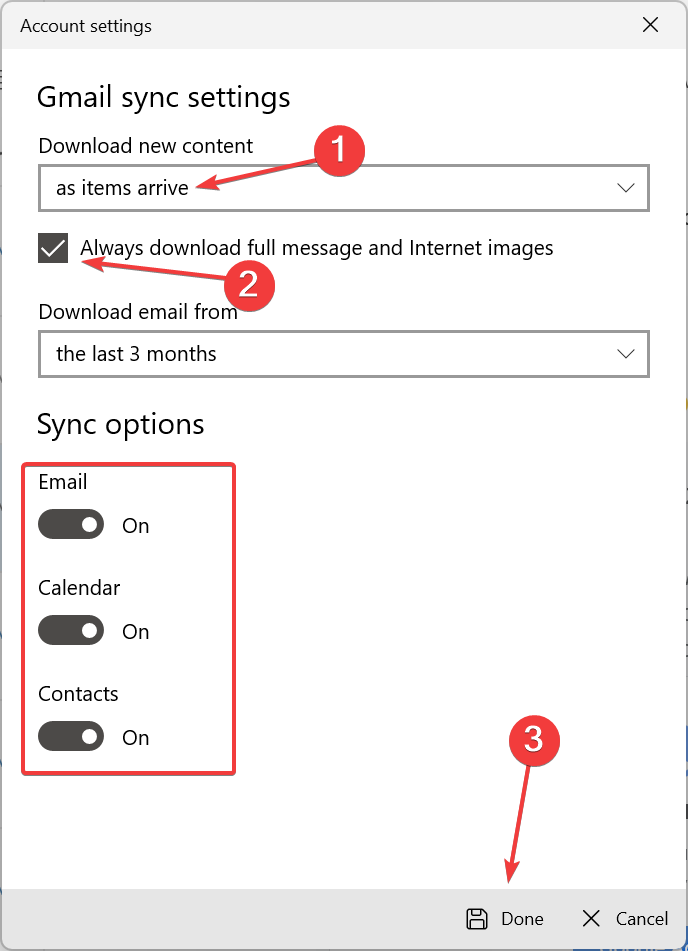 enable sync options to fix windows mail not downloading emails