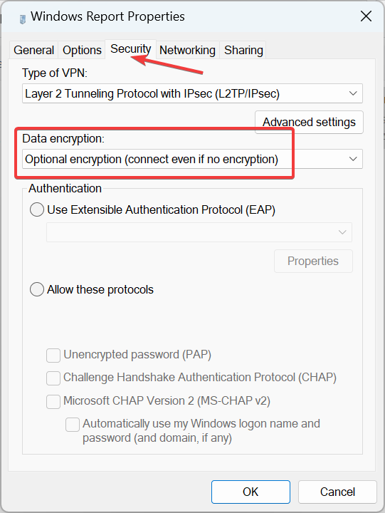 optional encryption to fix cannot connect L2TP VPN Windows 10