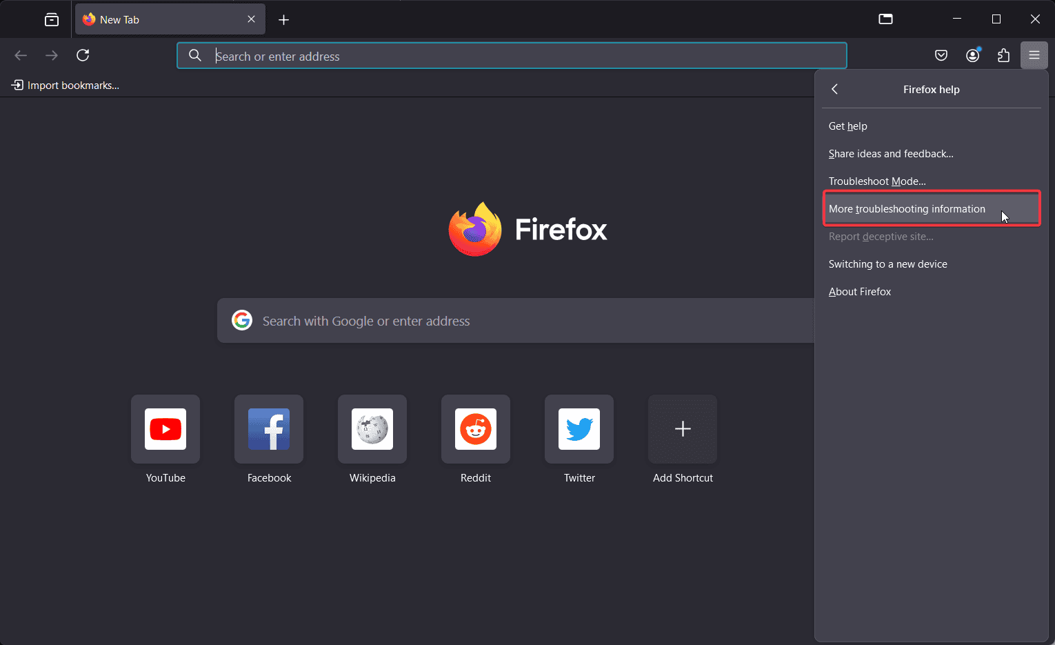 firefox troubleshooting information