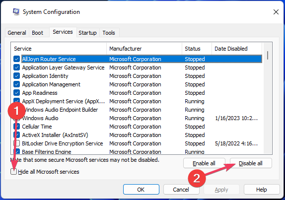 Hide all Microsoft services option mouse flickering windows 11