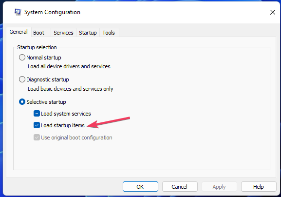 The Load startup items checkbox mouse flickering windows 11