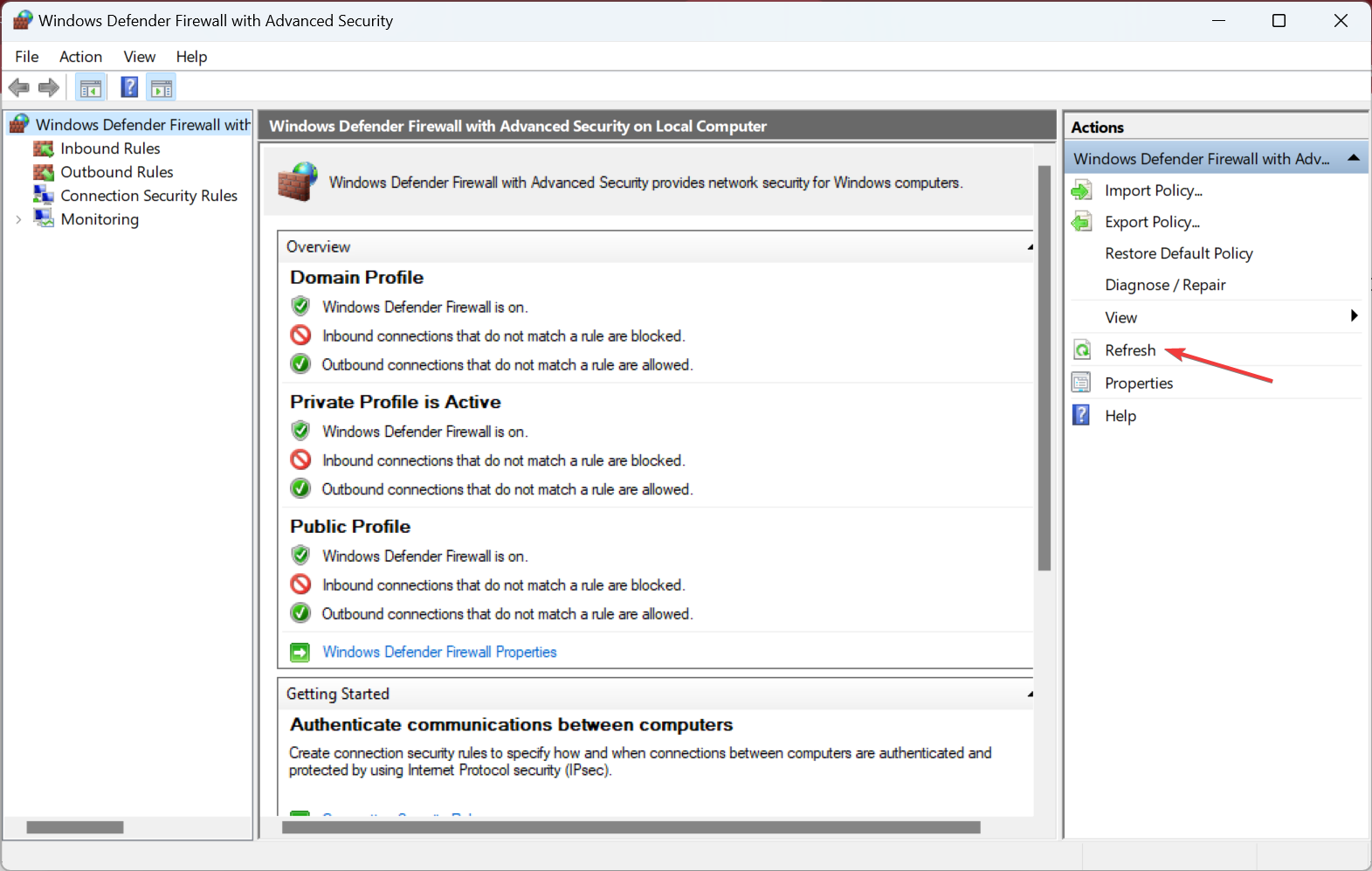 refresh to fix windows security actions recommended
