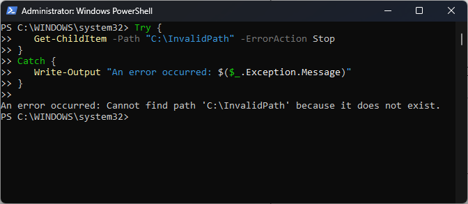 Try Catch with ErrorAction Stop PowerShell