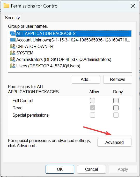 advanced to reset registry permissions windows 10