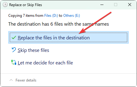 replace the files in the destination