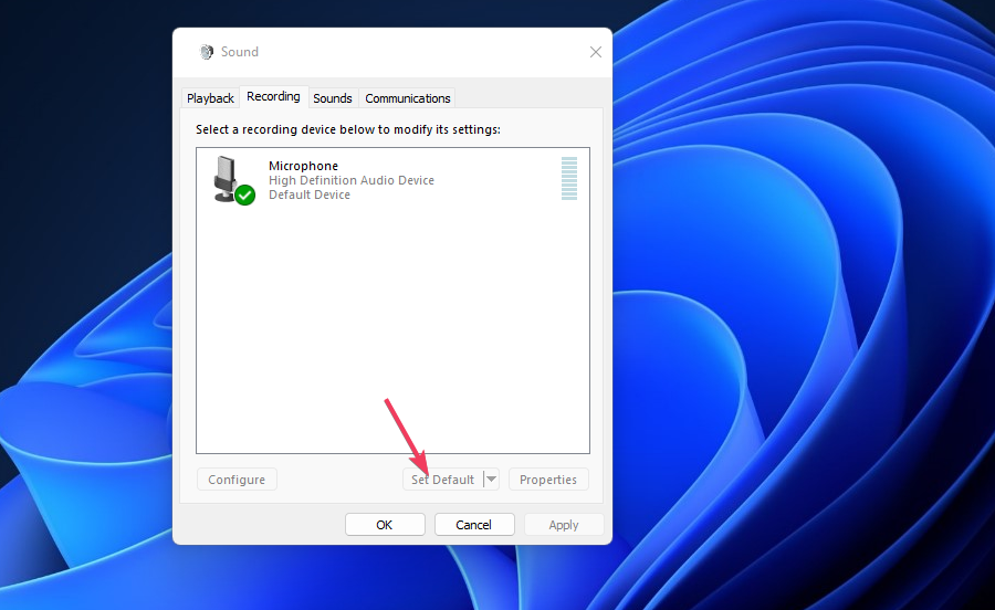 Falta establecer el impulso del micrófono del botón predeterminado en Windows 11