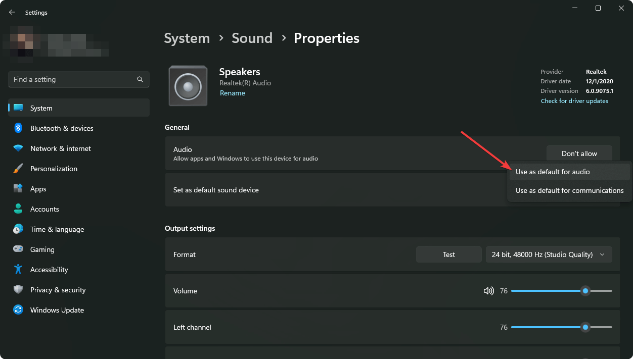 setting default audio output device windows 11 settings