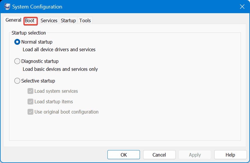 system configuration boot tab