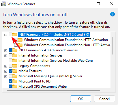 .NET Framework 3.5 を無効にします。