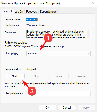 actualización de Windows - tipo de inicio - automático