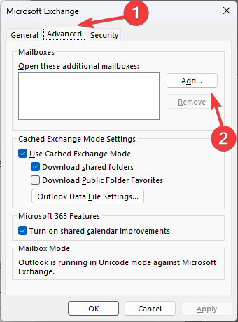 Add account add a shared mailbox in outlook