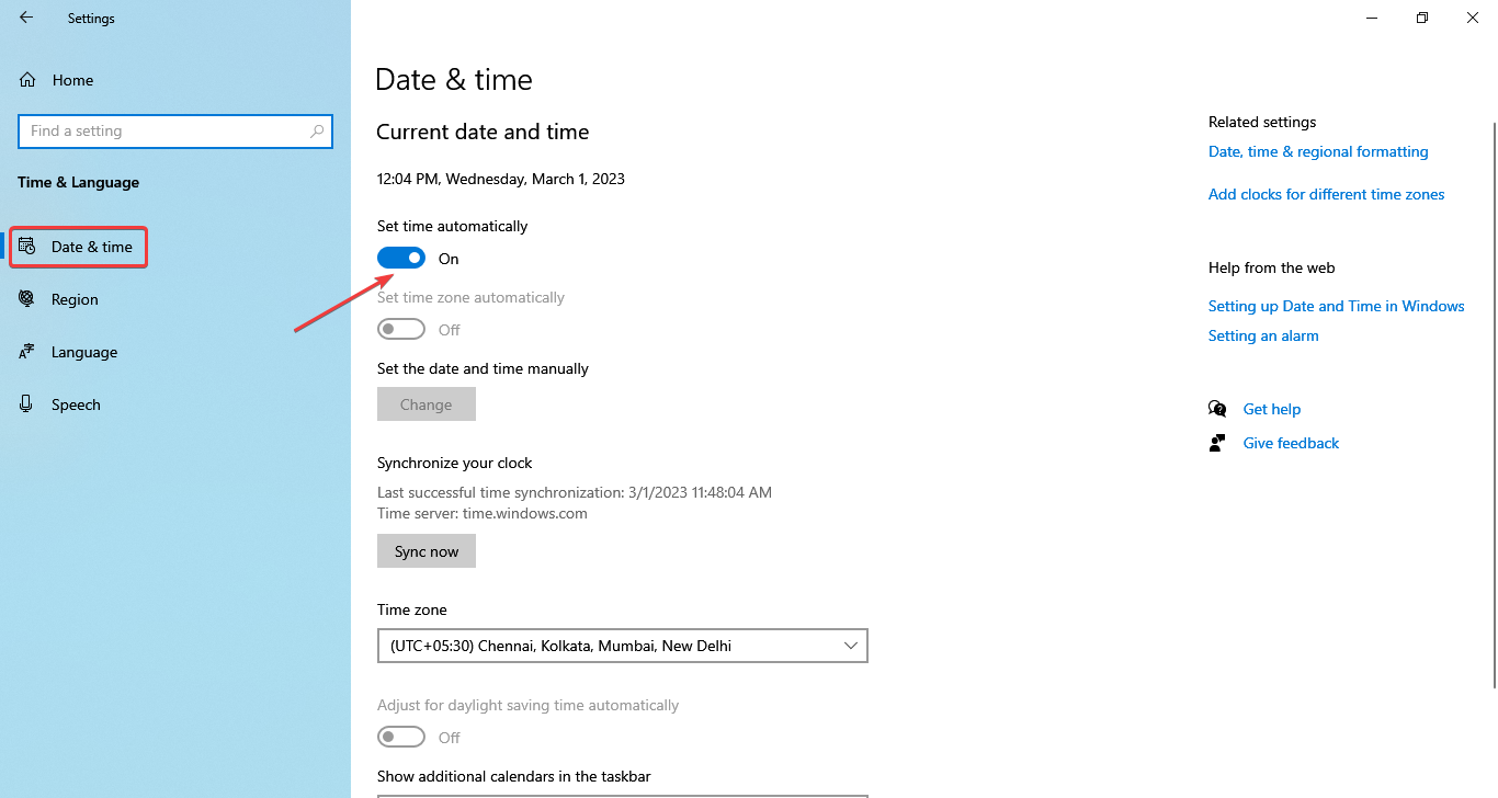 サーバーApple ID Windows 10への接続中にエラーが発生したことを修正するために時間を自動的に設定します