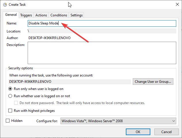 Create task Disable Sleep Mode turn off Windows 10