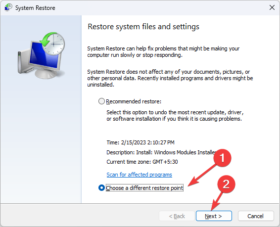 Next Choose a different restore point - fltlib.dll is either not designed for Windows