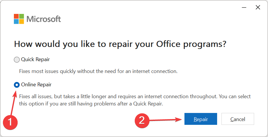 online repair to fix 78754 failure outlook