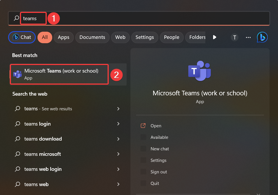 Search Microsoft Teams from Start menu
