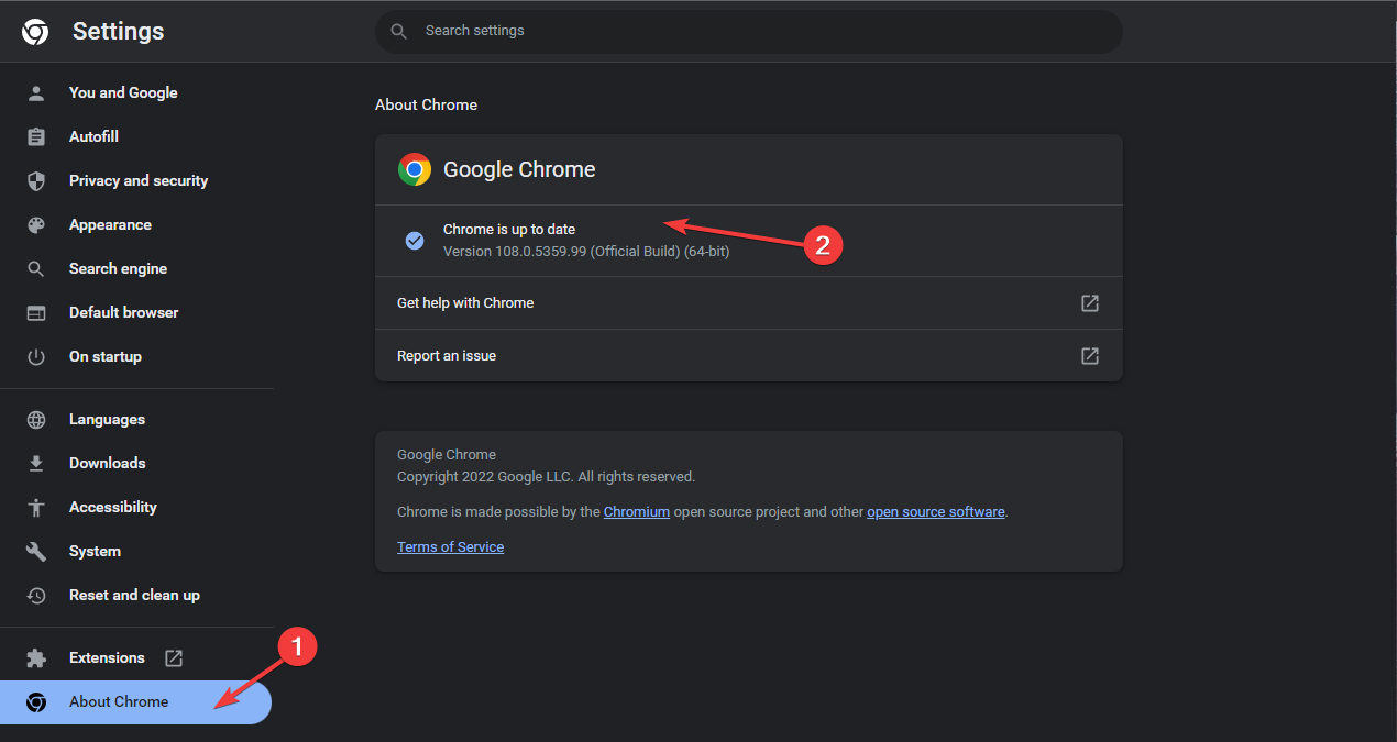 Settings About chrome