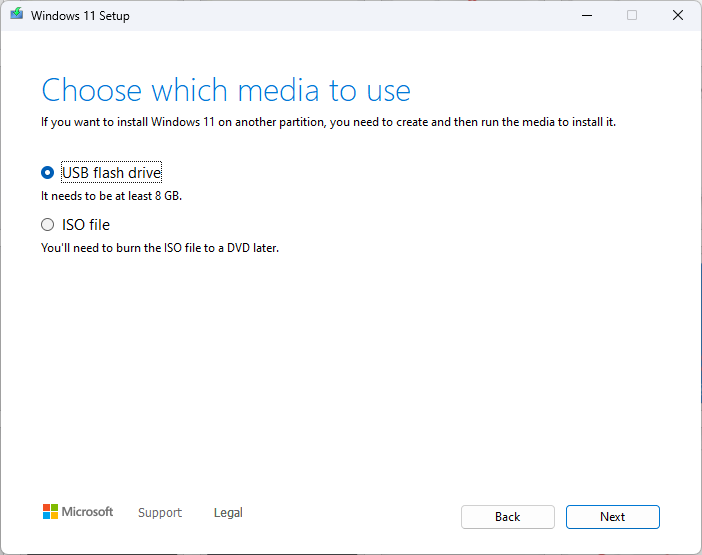 Windows 11-Setup Wählen Sie das zu verwendende Medium - 0x0000052e