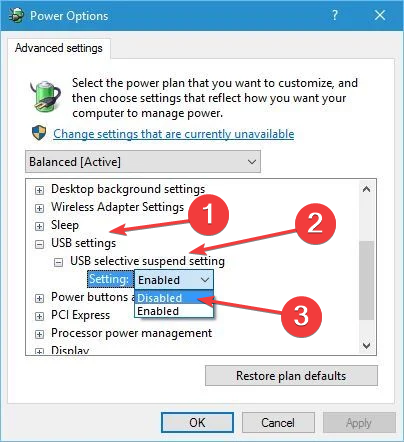 disable USB selective suspend settings to fix bugcode usb driver