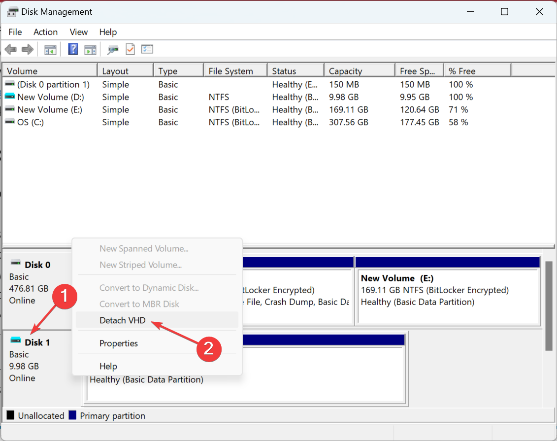 detach VHD to remove Virtual Drive in Windows 10