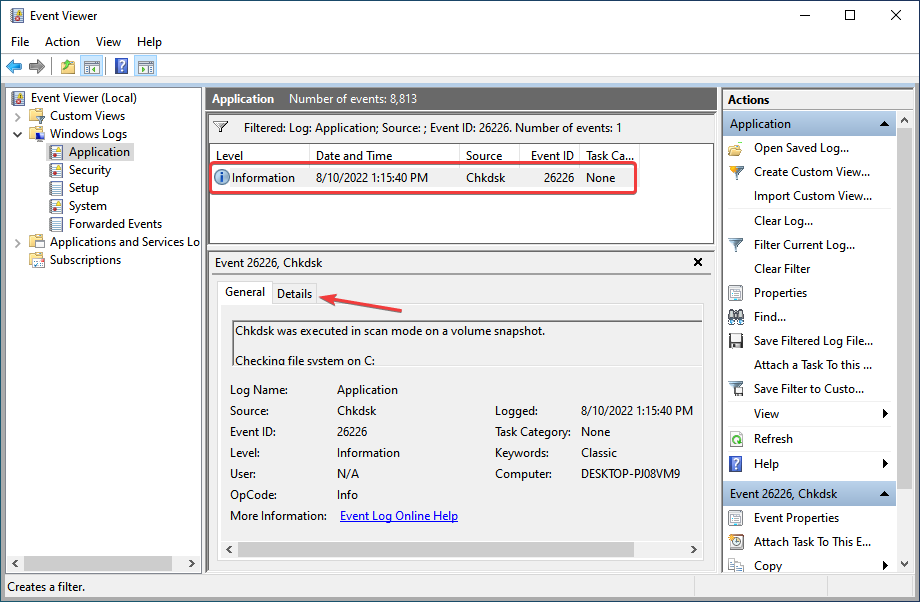 check disk error logs in Event Viewer