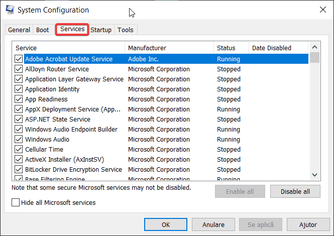 system configuration services tab