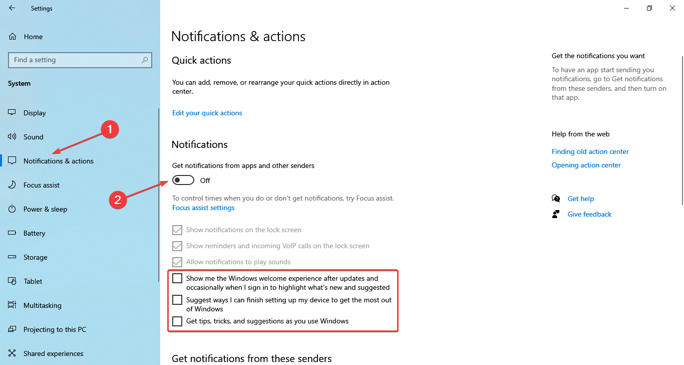 notifications & actions