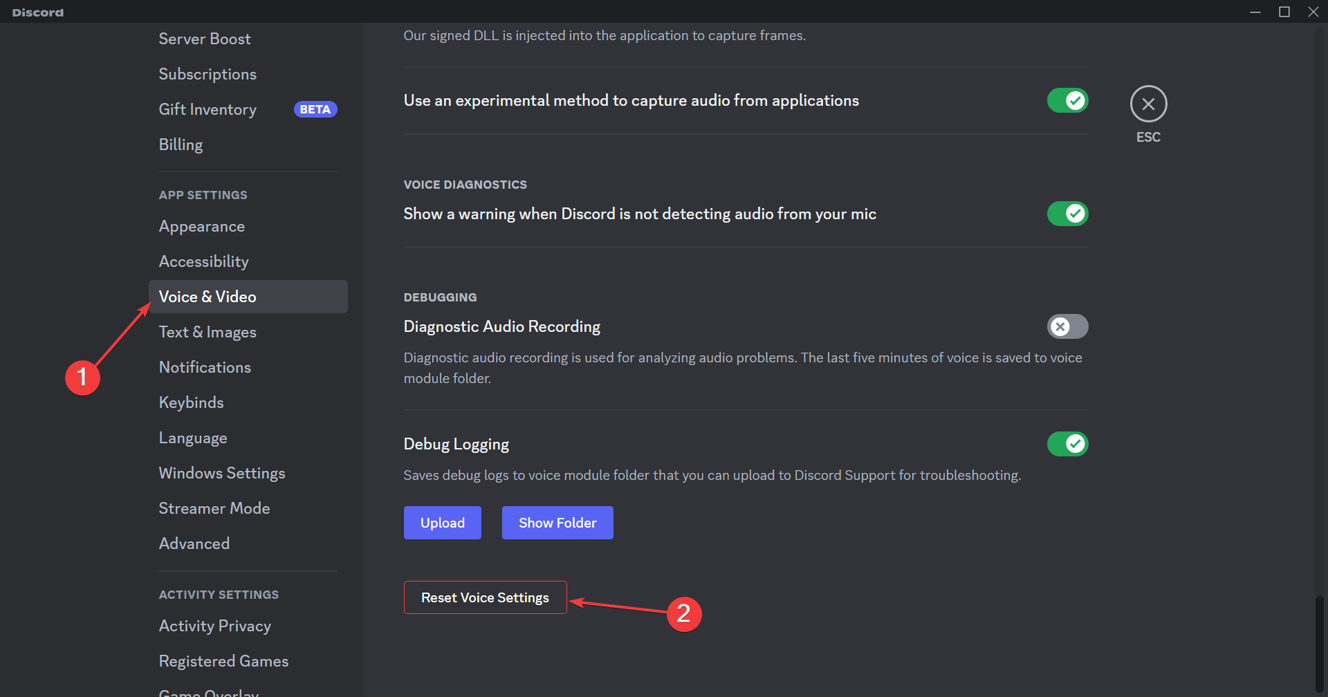 reset voice settings to fix discord camera not working