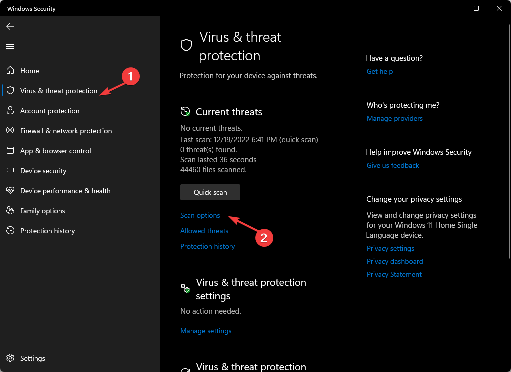 V& T Scan options Windows Security open Windows key ffmpeg.dll