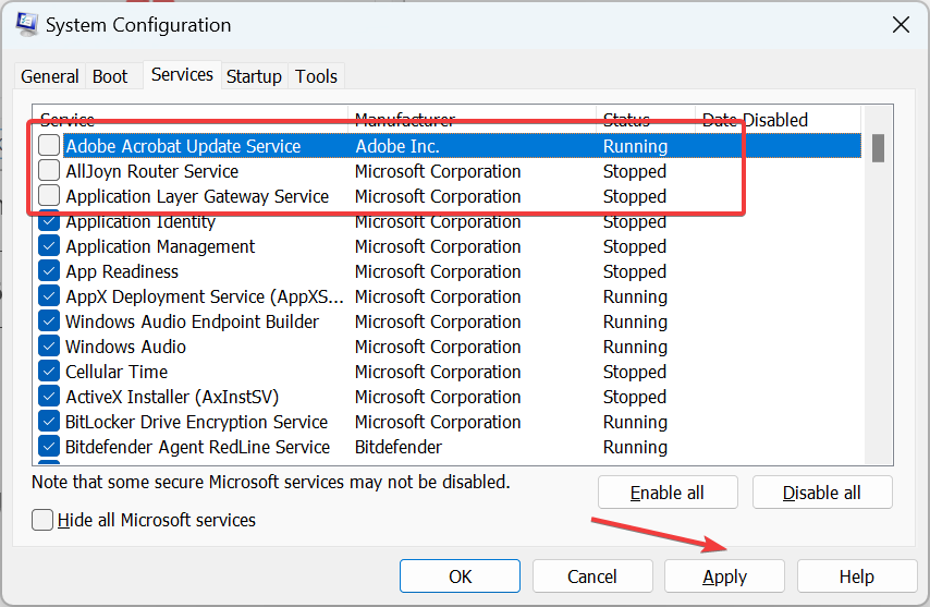disable services in system configuration windows 10