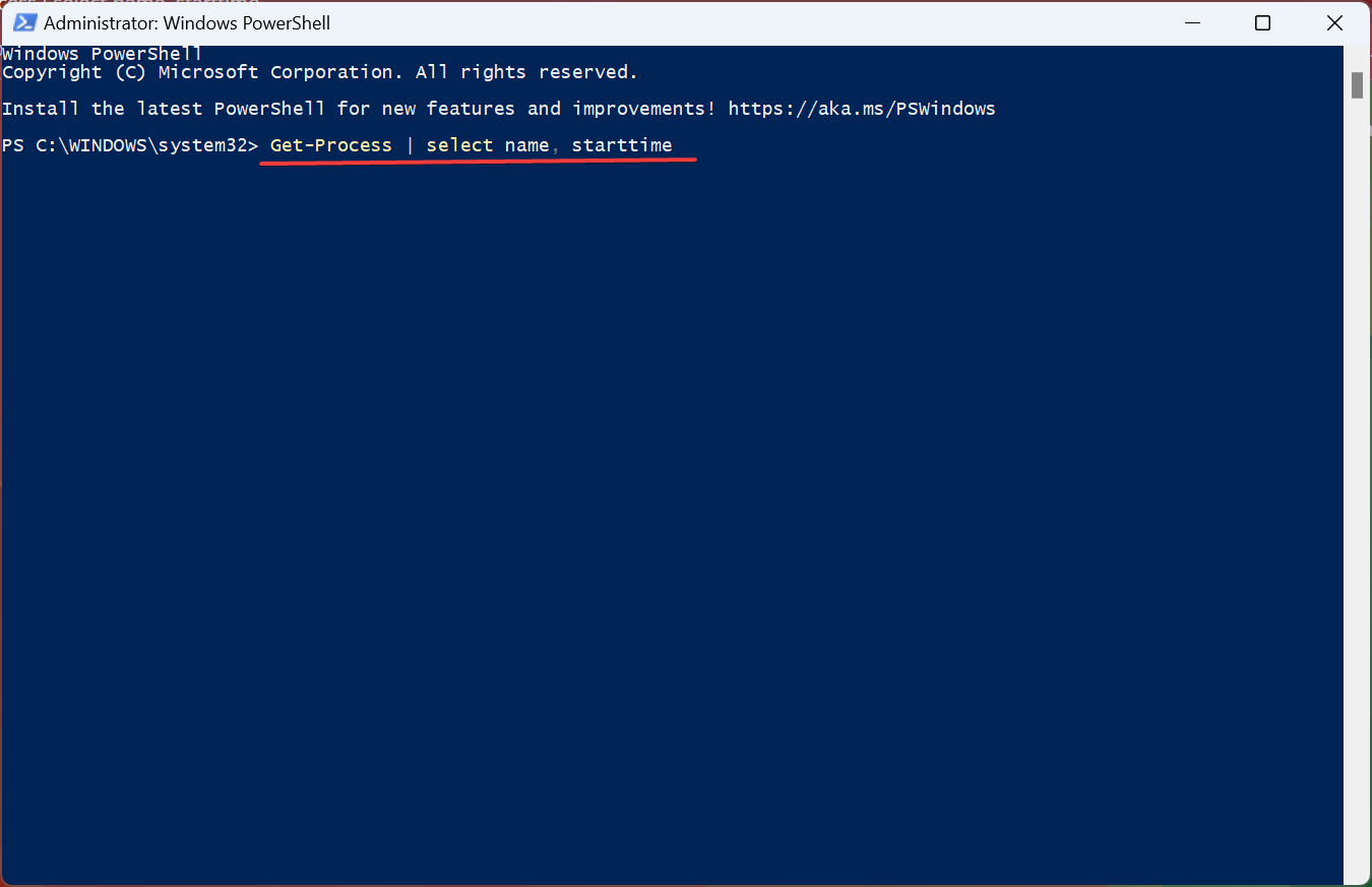 command to find Process Start Time in Windows