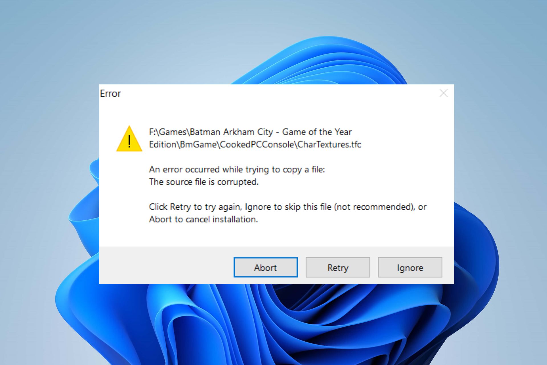 An error occurred while trying to copy a file