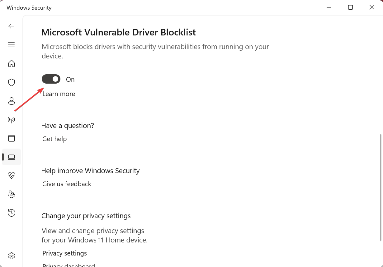 enable Microsoft Vulnerable Driver Blocklist
