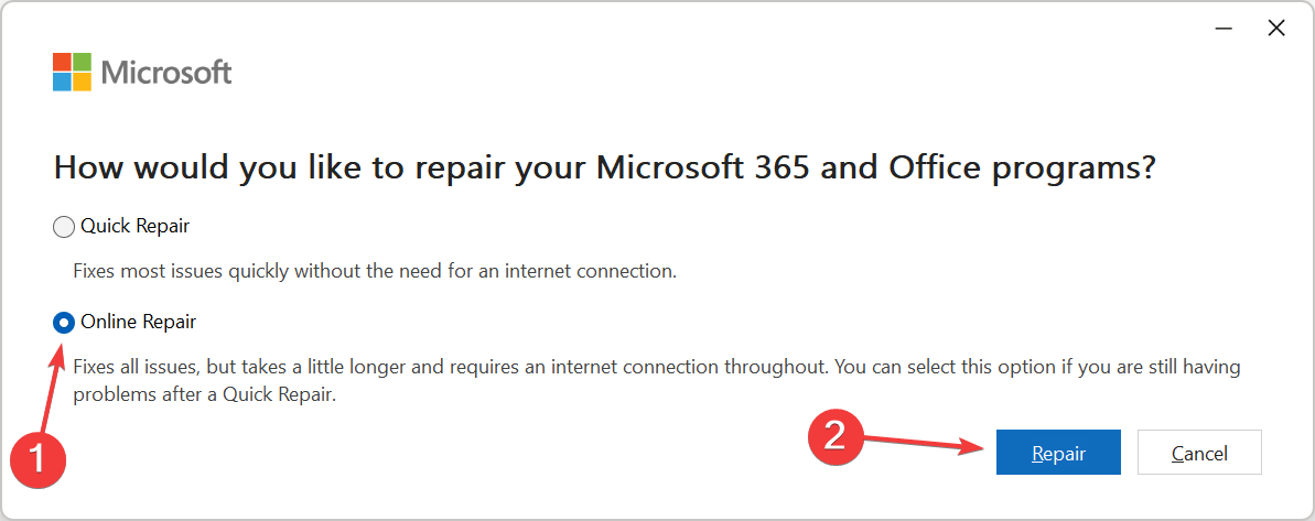 online repair to fix microsoft 365 has been configured to prevent individual acquisition of office add-ins
