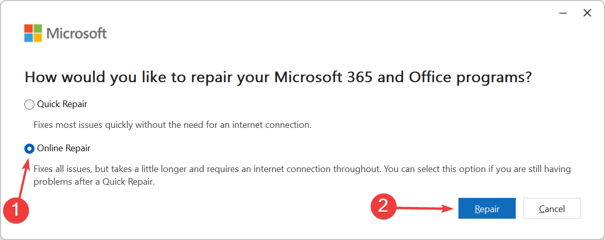 Online repair to fix error code 80090034