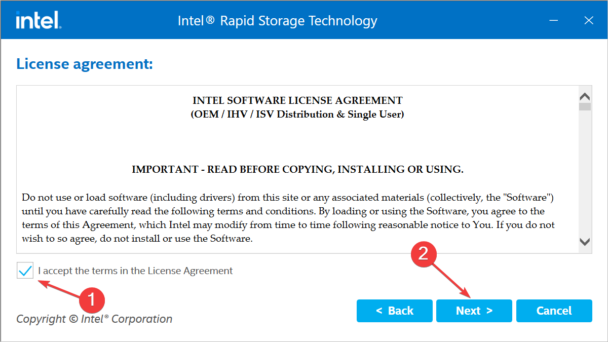 accept terms to download Intel Rapid Storage Technology driver