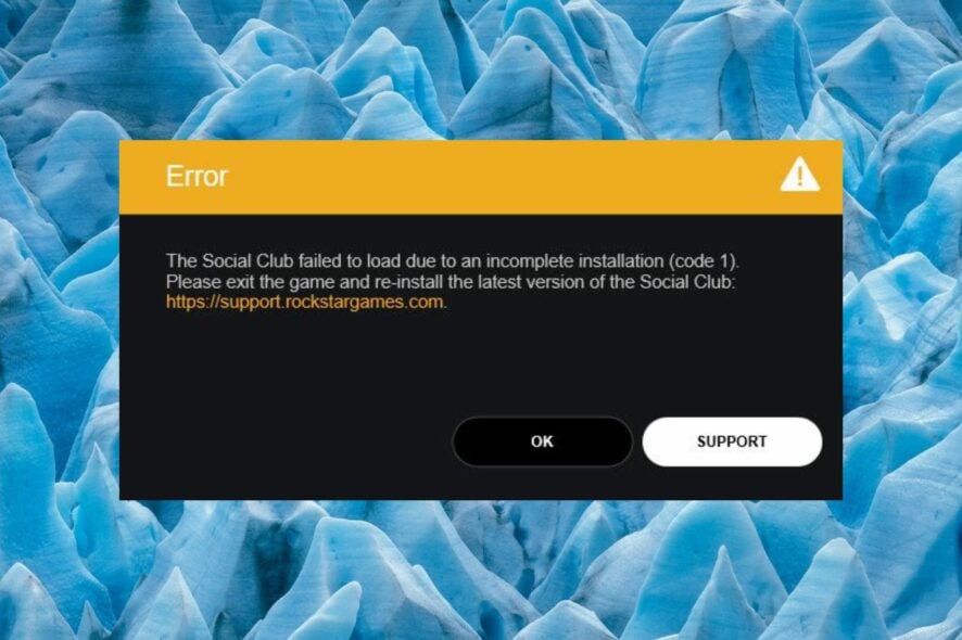 Social Club has failed to start installation code 1