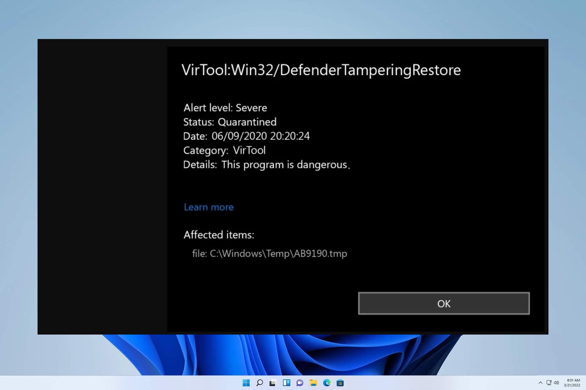 VirTool:Win32/DefenderTamperingRestore