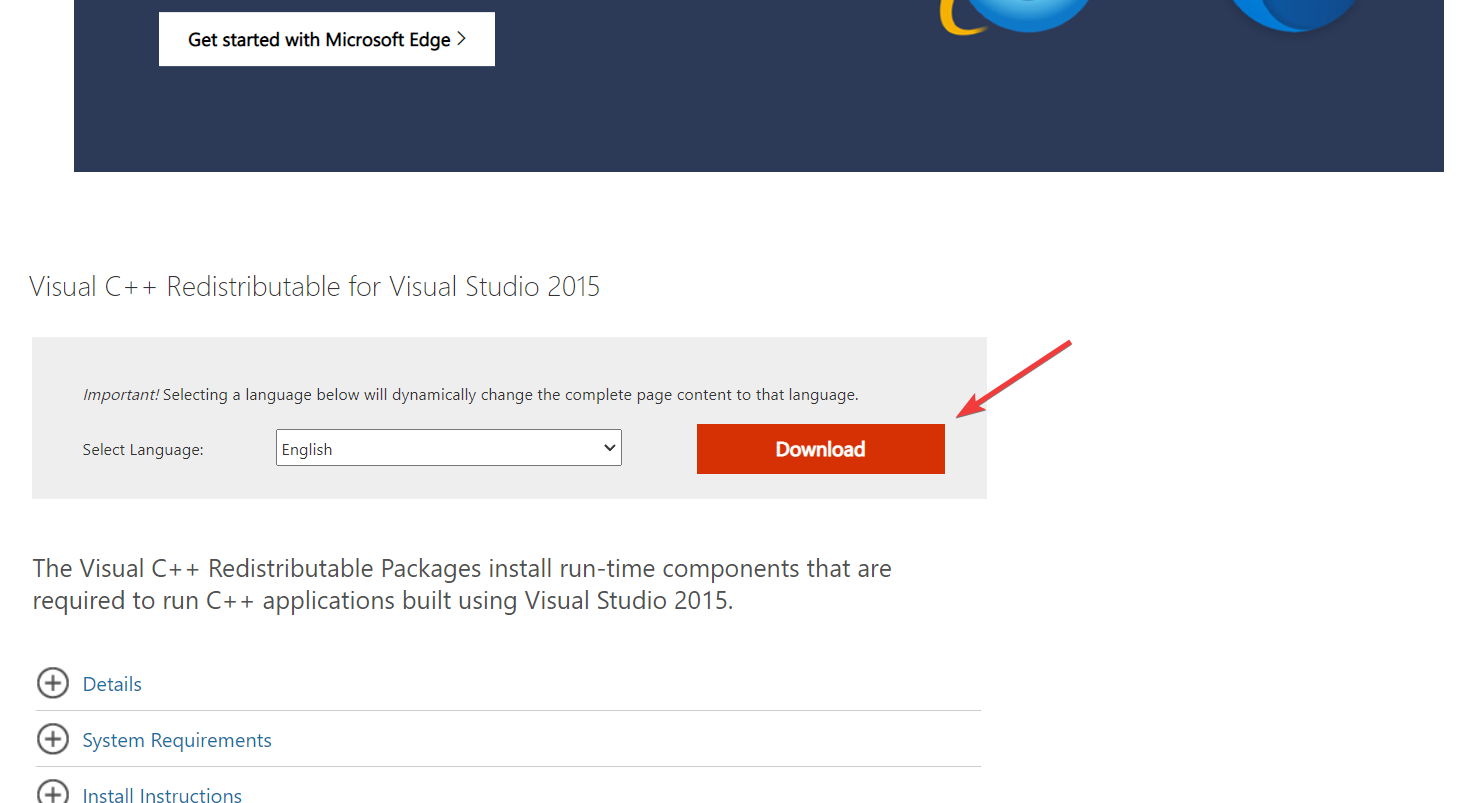 Visual C++ 再頒布可能パッケージをダウンロードします。