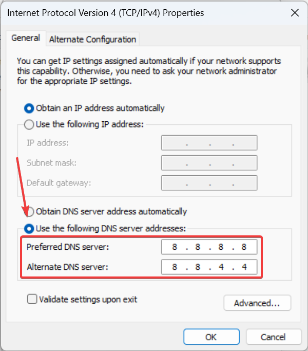 change DNS server to fix a user is unable to reach google.com by typing the url in the web browser