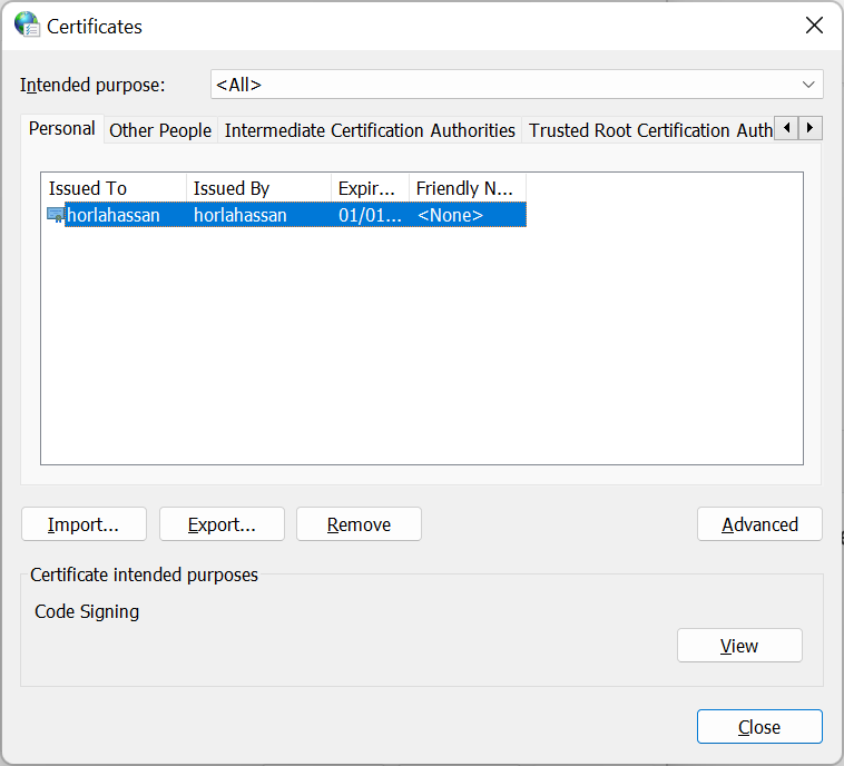 manage certificate selfcert.exe