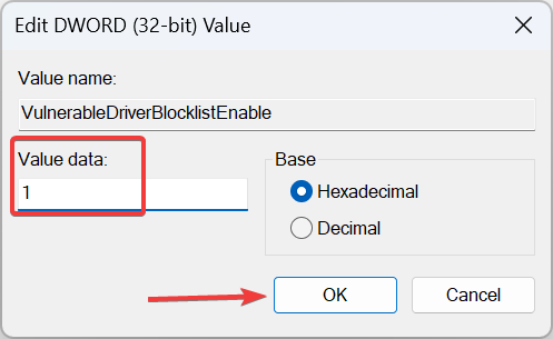 modify value data to fix Microsoft Vulnerable Driver Blocklist